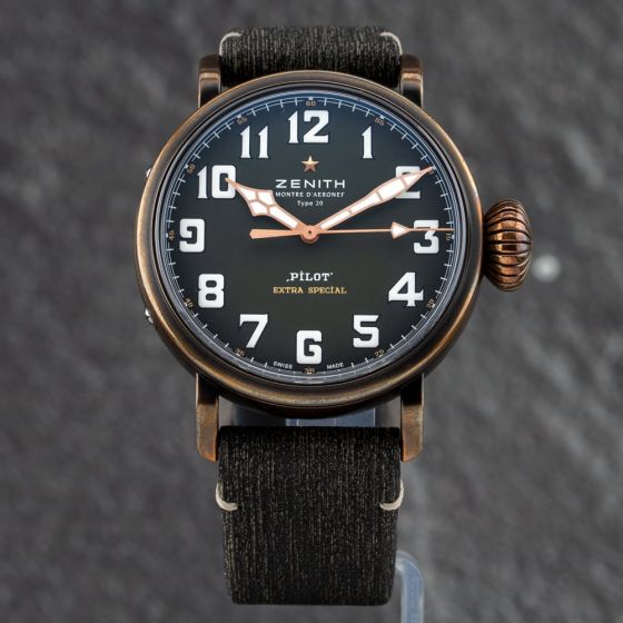 Second Hand ZENITH Mens Pilot Extra Special Green Leather Strap Watch 29.2430.679