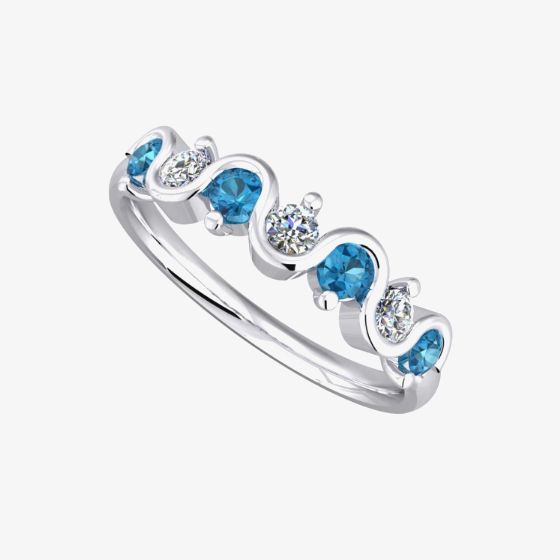 9ct White Gold Blue Topaz and Diamond Wave Half Eternity Ring 9051/9W/DQ1025BT