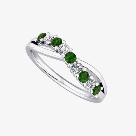 9ct White Gold Emerald and Diamond Crossover Half Eternity Ring 9052/9W/DQ1025E Q