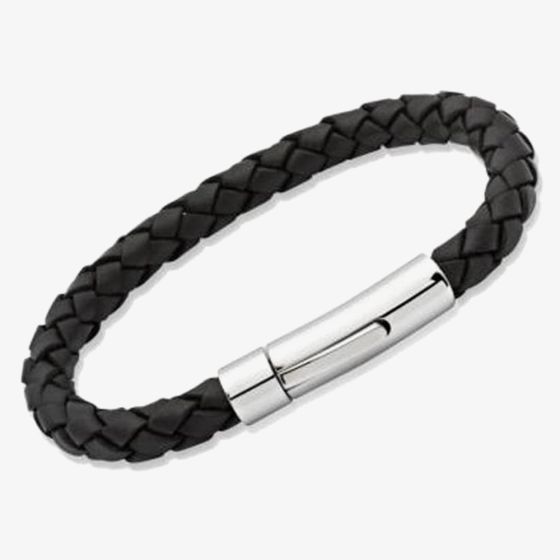 Unique Stainless Steel 23cm Black Leather Bracelet A40BL/23CM-PR (GWP)