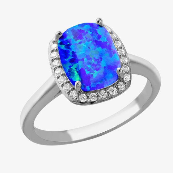 Sterling Silver Rectangle Synthetic Blue Opal and White Cubic Zirconia Halo Ring 8.86.0049