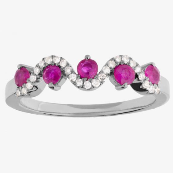 9ct White Gold Diamond And Ruby Wave Ring DRR849W