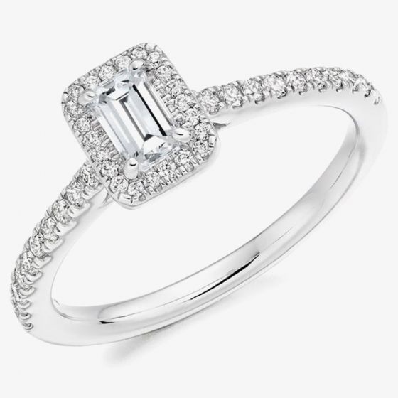 Platinum Halo Cluster Emerald-Cut Diamond Engagement Ring (L) ENG4043
