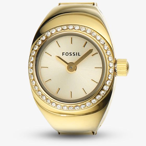 Fossil Ladies Gold Tone Diamond Bezel Ring Watch ES5319
