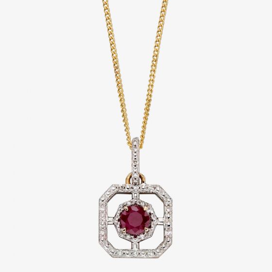  9ct Yellow Gold Ruby Diamond Pendant Necklace GP2256R GN141