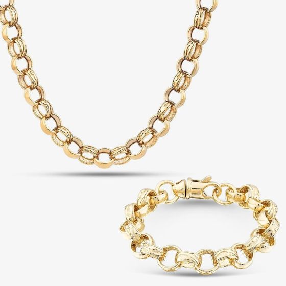 Gold Tone Patterned Belcher Chain Jewellery Set S1075Y-22 & S1076Y-09