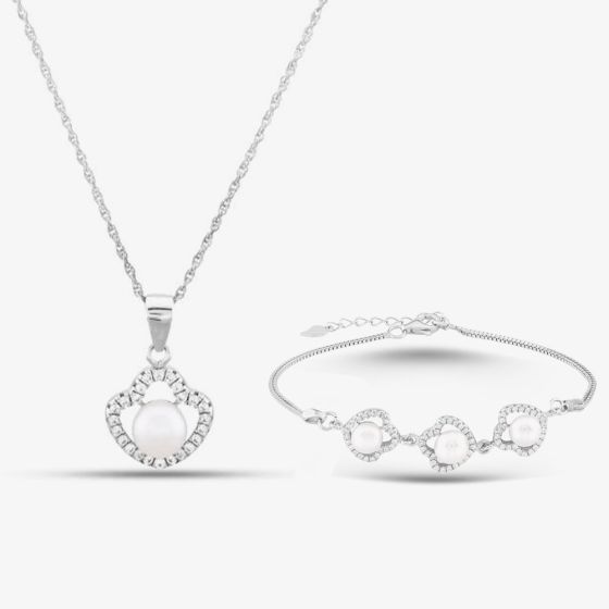 Silver Freshwater Pearl & Cubic Zirconia Jewellery Set BRW70246FW & PNW70246FW