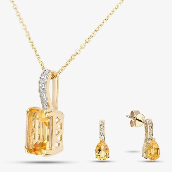 9ct Yellow Gold Citrine & Diamond Jewellery Set