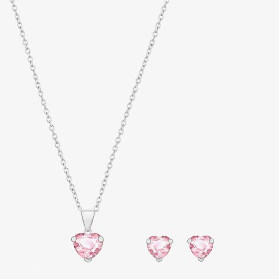Silver Pink Crystal Heart Jewellery Set