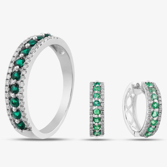 9ct White Gold Emerald & Diamond Three Row Jewellery Set