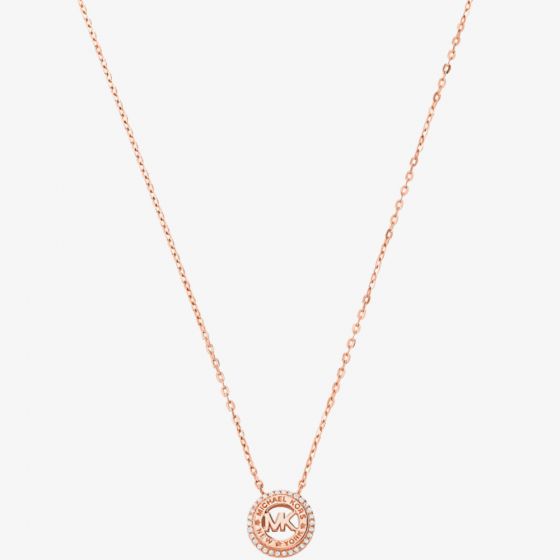 Michael Kors Ladies Premium Rose Gold Plated Cubic Zirconia Circle Logo Pendant Necklace MKC1388AN791