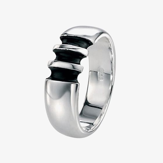 Fred Bennett Silver Black Enamel Ribbed Ring R2875