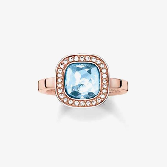 THOMAS SABO Rose Gold Plated Square Blue Cubic Zirconia Ring TR2029-635-1