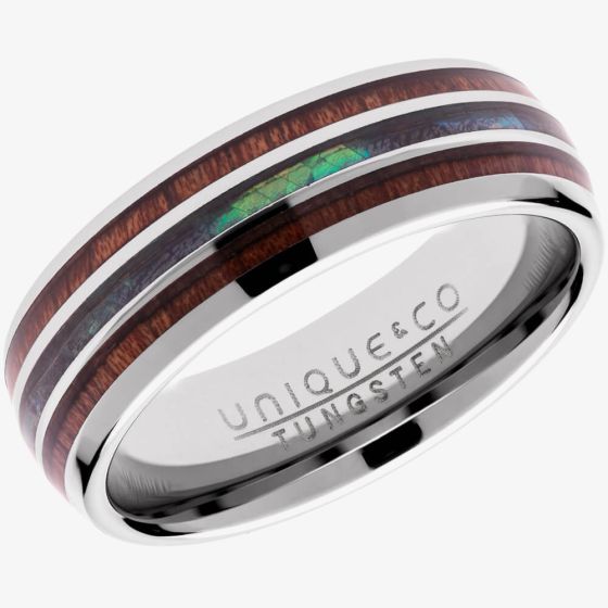 Unique Mens Tungsten Wood Shell Inlay 7mm Ring TUR-100