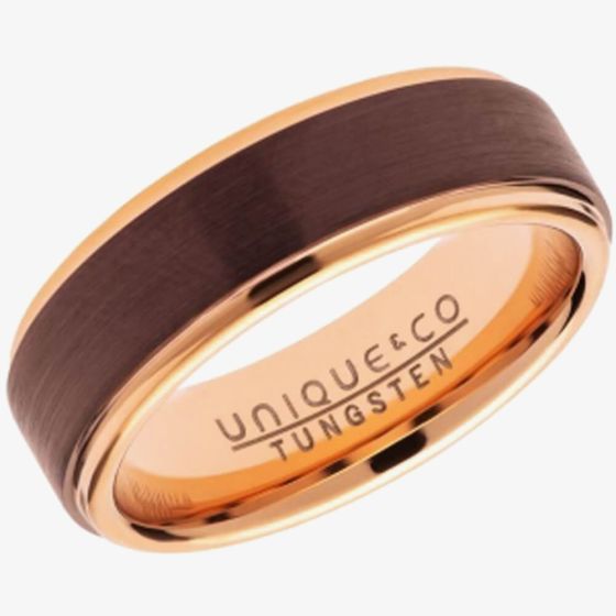 Unique Mens Brown & Rose Gold Plated Tungsten 7mm Ring TUR-107