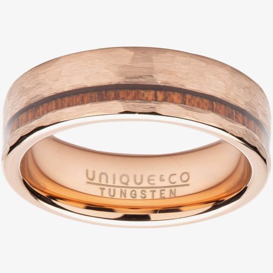 Unique Mens Rose Gold Plated Hammered Tungsten Wood Inlay 7mm Ring TUR-126