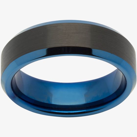 Unique Mens Black & Blue Tungsten 7mm Ring TUR-59
