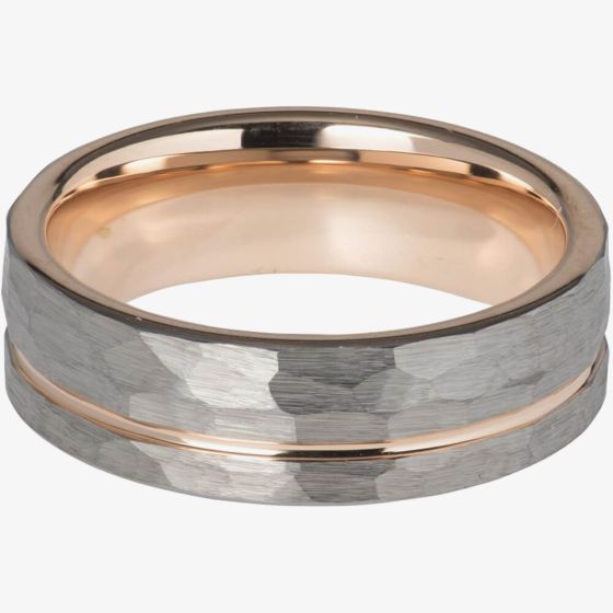 Unique Mens Rose Gold Plated Hammered Tungsten 7mm Ring TUR-80
