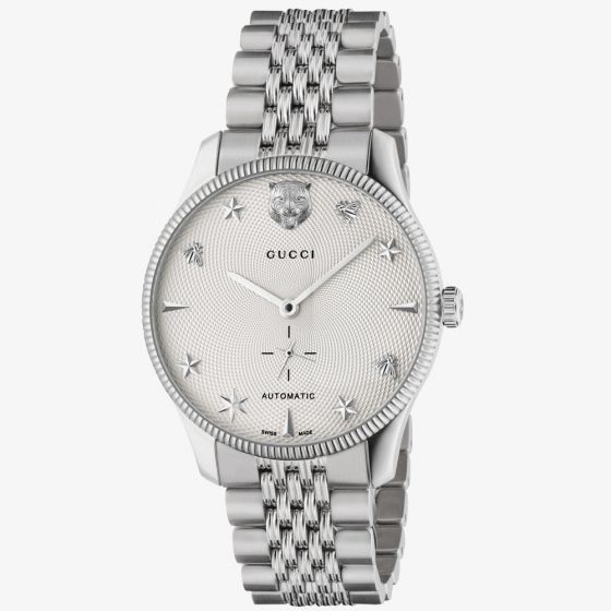 Gucci Mens G-Timeless Automatic White Guilloche Dial Bracelet Watch YA126354