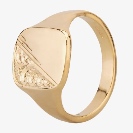 9ct Yellow Gold Half Engraved Cushion Signet Ring YAG576H (ENG) 