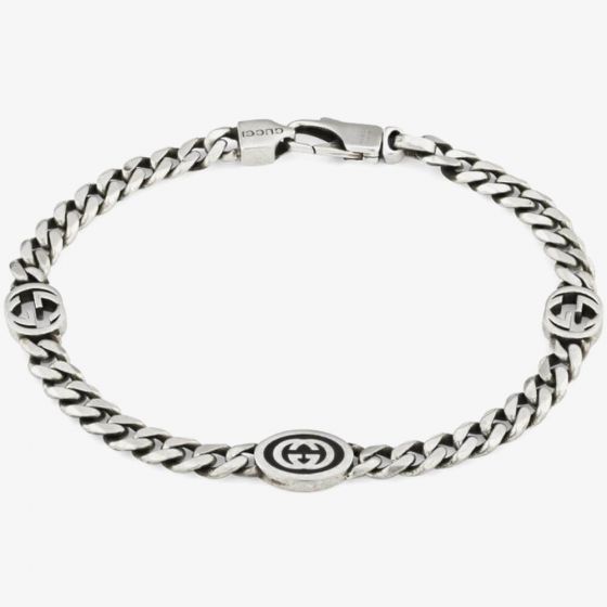 Gucci Interlocking Sterling Silver & Black Enamel Bracelet YBA678660001