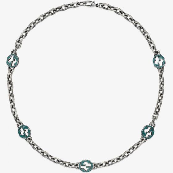 Gucci Sterling Silver Interlocking Turquoise Enamel Necklace YBB65812600100U