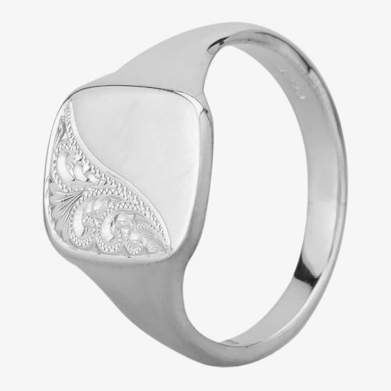 Sterling Silver Half Engraved Cushion Signet Ring YSG025H (ENG)