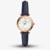 Fossil Ladies Carlie Rose Gold Plated Mother Of Pearl Dial Navy Blue Leather Strap Watch ES4502