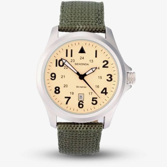 Sekonda Classic Aviator Cream & Green Fabric Strap Watch 3341