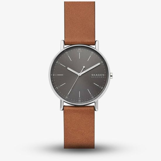 Skagen Mens Signatur Stainless Steel Dark Grey Dial Brown Leather Strap Watch SKW6578
