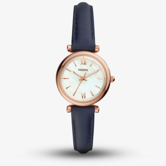 Fossil Ladies Carlie Rose Gold Plated Mother Of Pearl Dial Navy Blue Leather Strap Watch ES4502