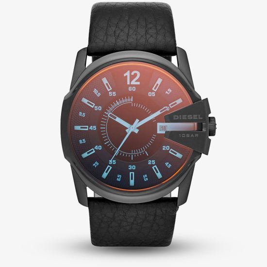 Diesel Mens Master Chief Black Iridescent Dial Leather Strap Watch DZ1657