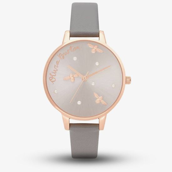 Olivia Burton Pearly Queen Rose Gold and London Grey Strap Watch OB16PQ03