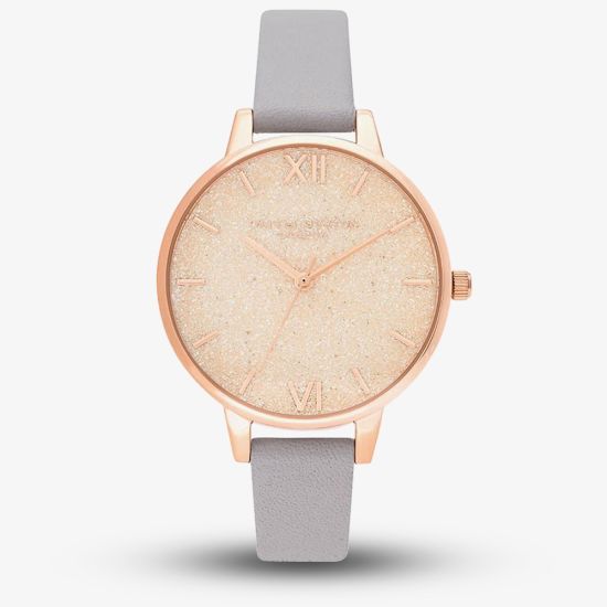 Olivia Burton Glitter Dial Pale Rose Gold and Grey Lilac Leather Strap Watch OB16GD45