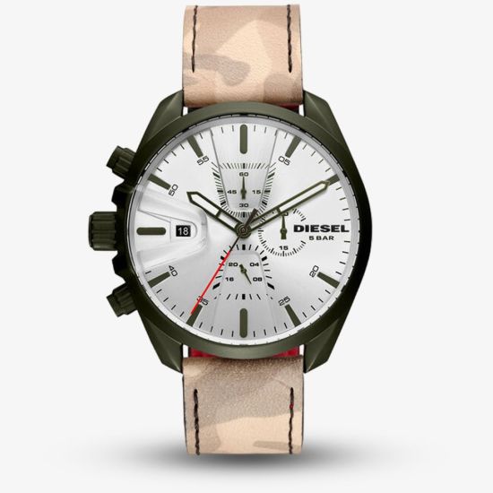 Diesel Mens MS9 Silver Dial Beige Camo Leather Strap Watch DZ4472