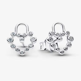 PANDORA 294419C01 Silver Sparkling Heart Padlock Stud Earrings ...