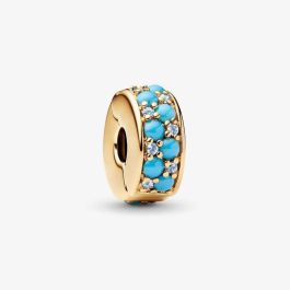 PANDORA 763902C01 14ct Gold Plated Aqua Blue Clip Charm - thbaker.co.uk