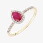 18ct Yellow Gold Pear Cut Ruby & 0.10ct Diamond Shoulder Set Halo Ring DR1606Y18RU