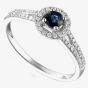 18ct White Gold Sapphire and Diamond Shouldered Halo Ring EC1001-M/SA/WG