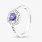 Rhodium Plated Sterling Silver Purple & White Cubic Zirconia Hexagon Halo Ring 8.84.0991