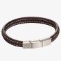 Fred Bennett Stainless Steel Brushed Finish Brown Leather Plaited Bracelet B5120