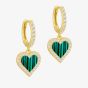 LUXE Silver Gold Plated Malachite & Cubic Zirconia Heart Dropper Hoop Earrings 8.53.0021
