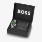 BOSS Mens Grand Prix Green Dial Bracelet Watch & Black Card Holder Gift Set 1570202