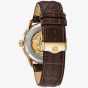 Bulova Mens Sutton Gold Plated White Skeleton Dial Brown Leather Strap Watch 97A138