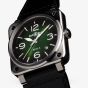 Bell & Ross Mens BR03 Green Steel Black Leather Strap Watch BR03A-GN-ST/SCA