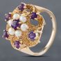 Second Hand 9ct Yellow Gold Amethyst & Seed Pearl Openwork Cluster Ring 41102598
