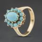 Second Hand 9ct Yellow Gold Turquoise Oval Flower Cluster Ring 41104510