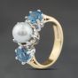 Second Hand 9ct Yellow Gold Blue Topaz & Grey South Sea Pearl Three Stone Ring 41104556