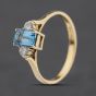 Second Hand 9ct Yellow Gold Blue Topaz & Cubic Zirconia Rectangle Three Stone Ring 41104595