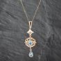 Second Hand 9ct Yellow Gold Blue Topaz Dropper Pendant & 18 Inch Curb Chain 41142624